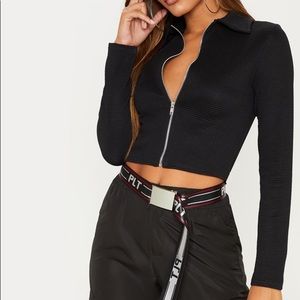 RIBBED BLACK ZIP UP LONG SLEEVE